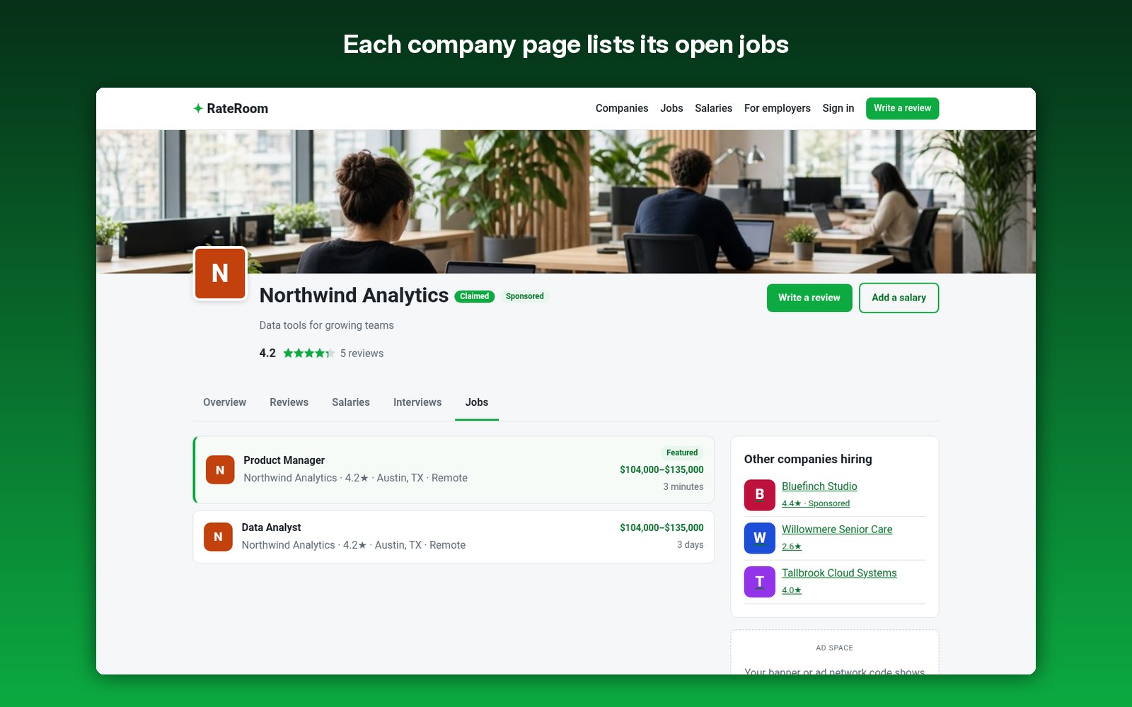 Each company page lists its open jobs