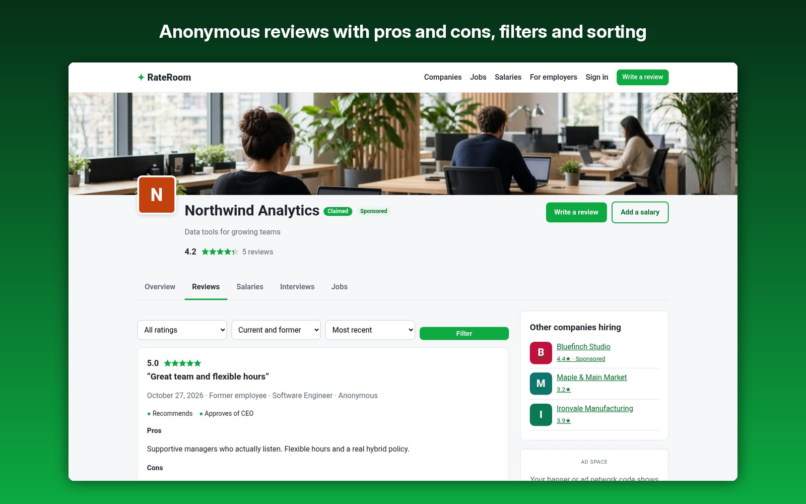 Anonymous reviews with pros and cons, filters and sorting