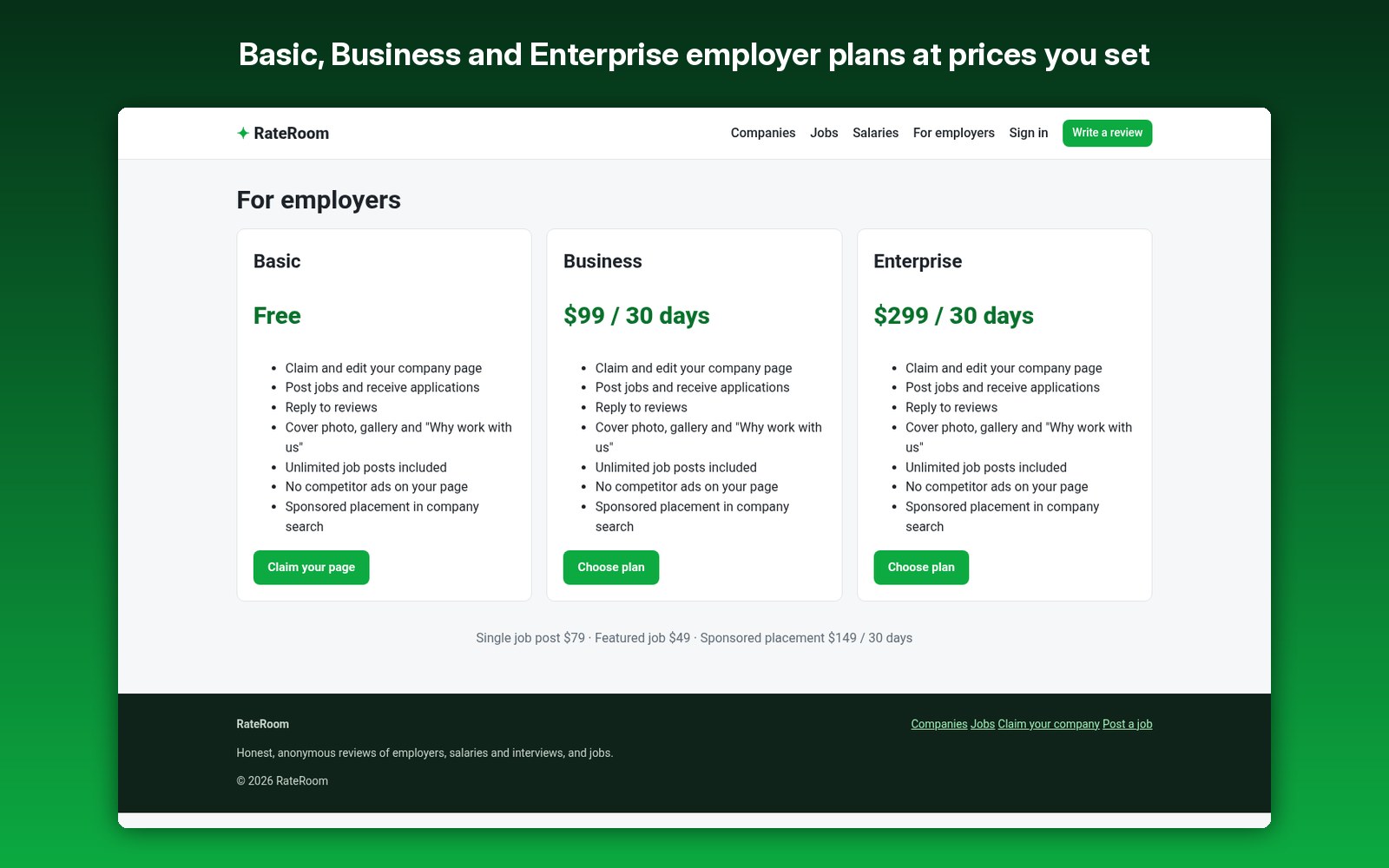 Basic, Business and Enterprise employer plans at prices you set