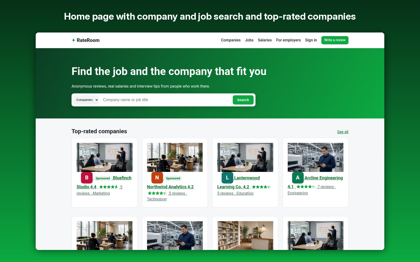 Home page with company and job search and top-rated companies