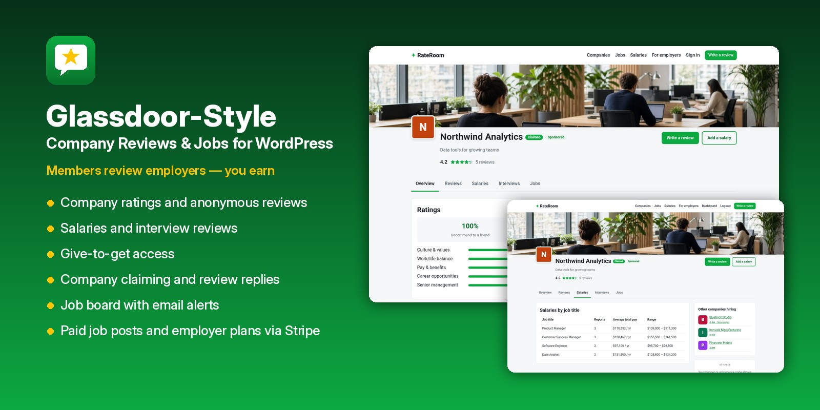 Glassdoor-style company reviews and jobs for WordPress