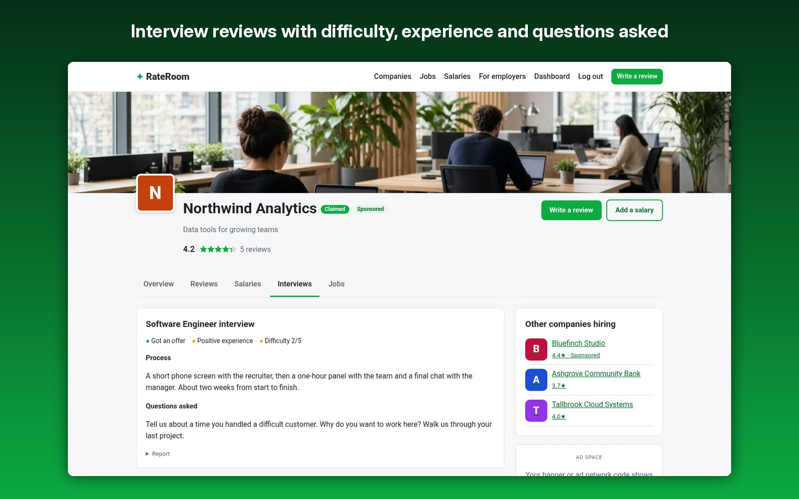 Interview reviews with difficulty, experience and questions asked