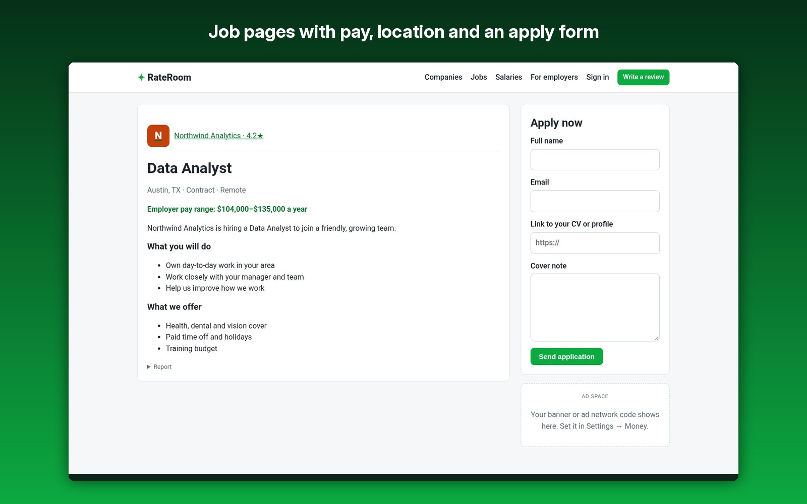 Job pages with pay, location and an apply form