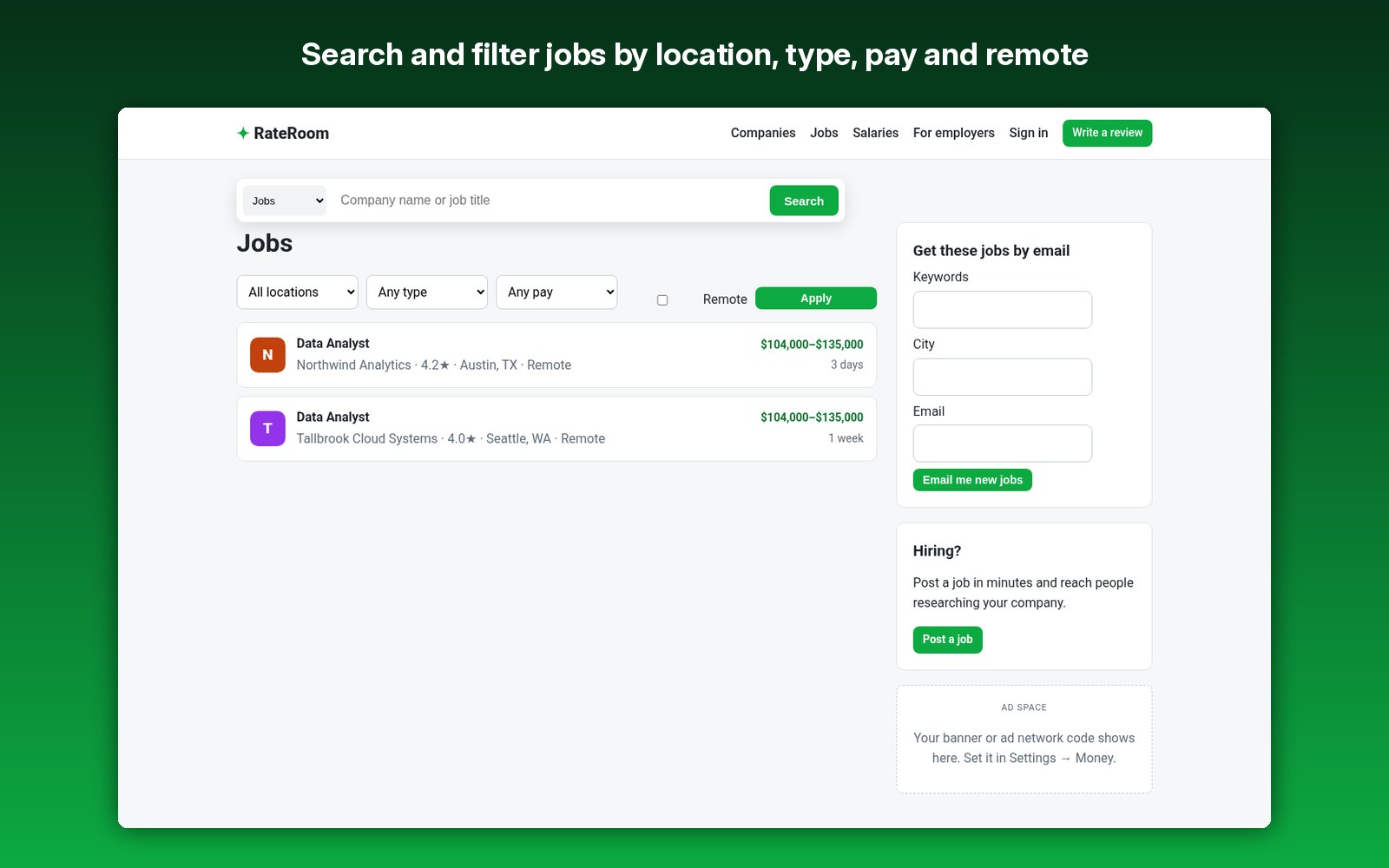 Search and filter jobs by location, type, pay and remote