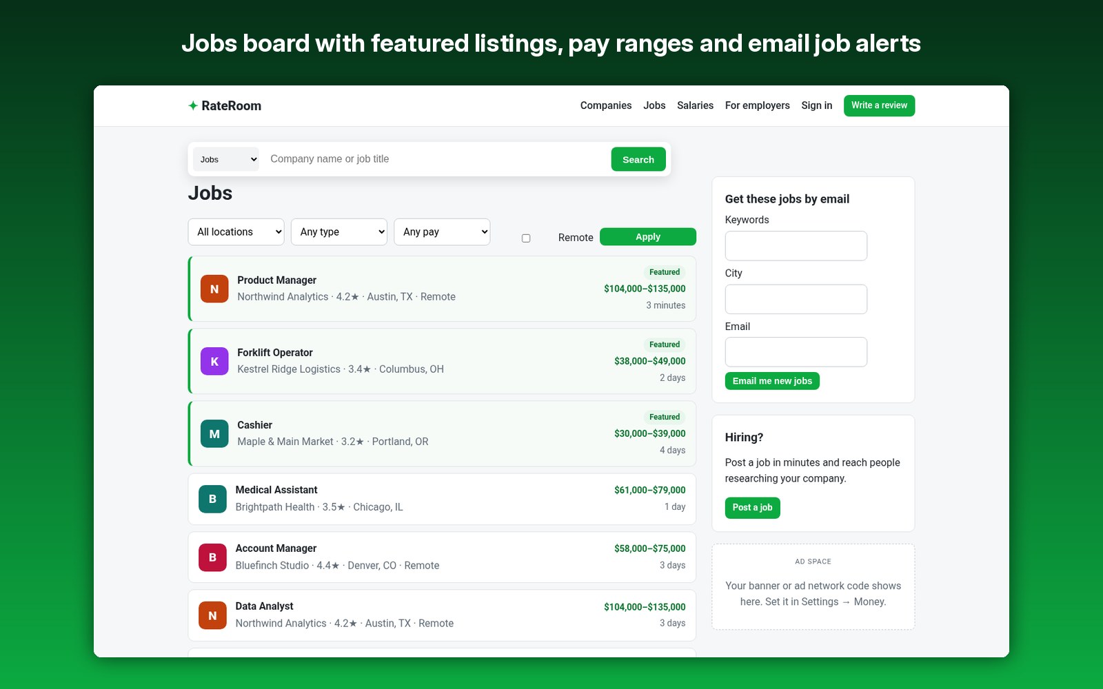 Jobs board with featured listings, pay ranges and email job alerts