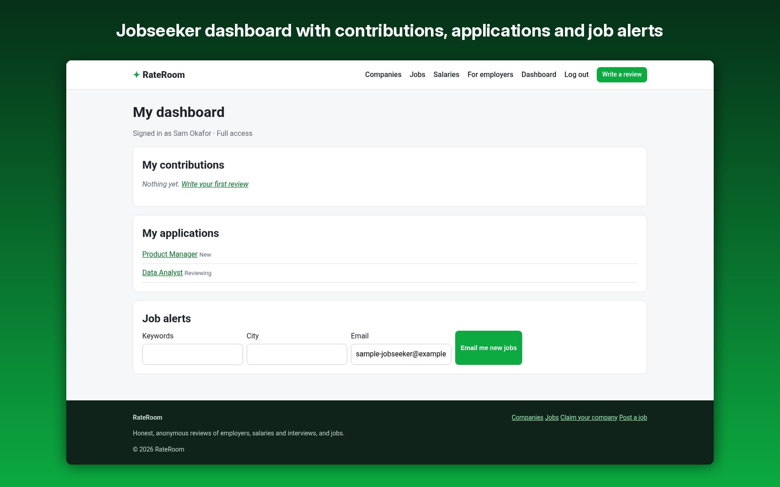 Jobseeker dashboard with contributions, applications and job alerts