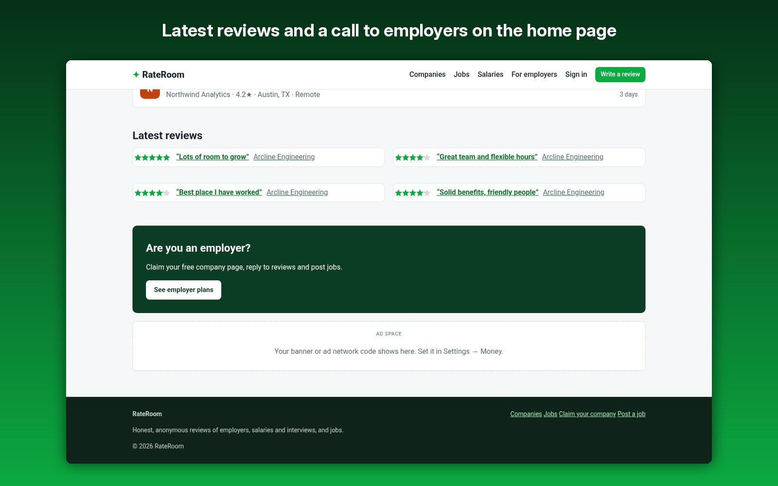 Latest reviews and a call to employers on the home page