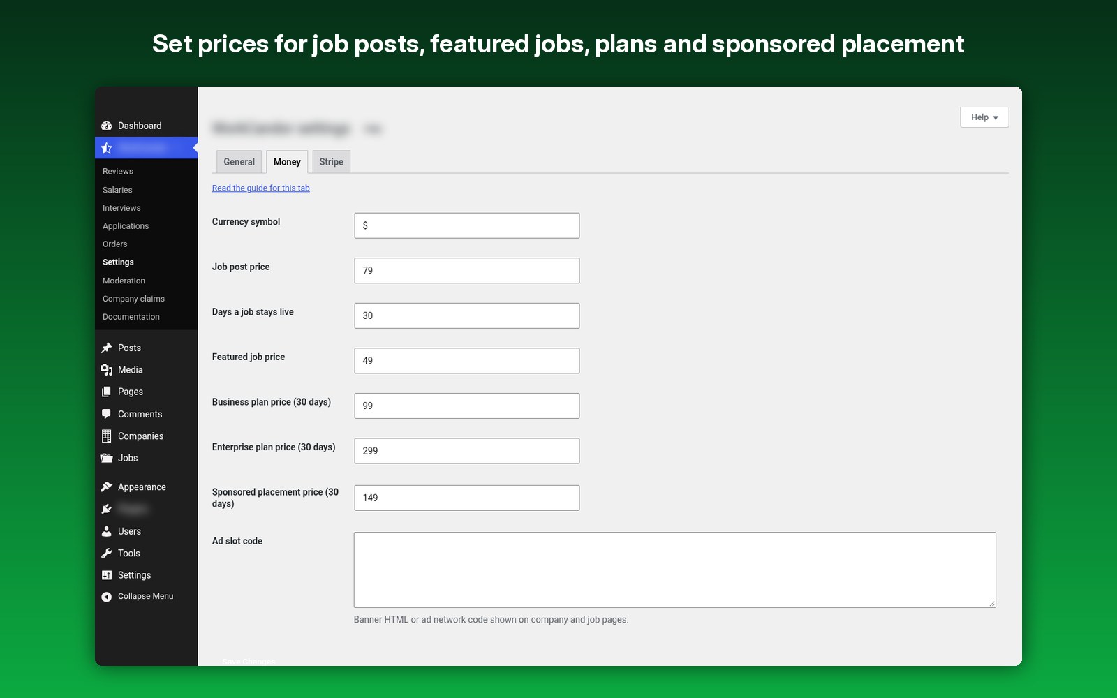 Set prices for job posts, featured jobs, plans and sponsored placement