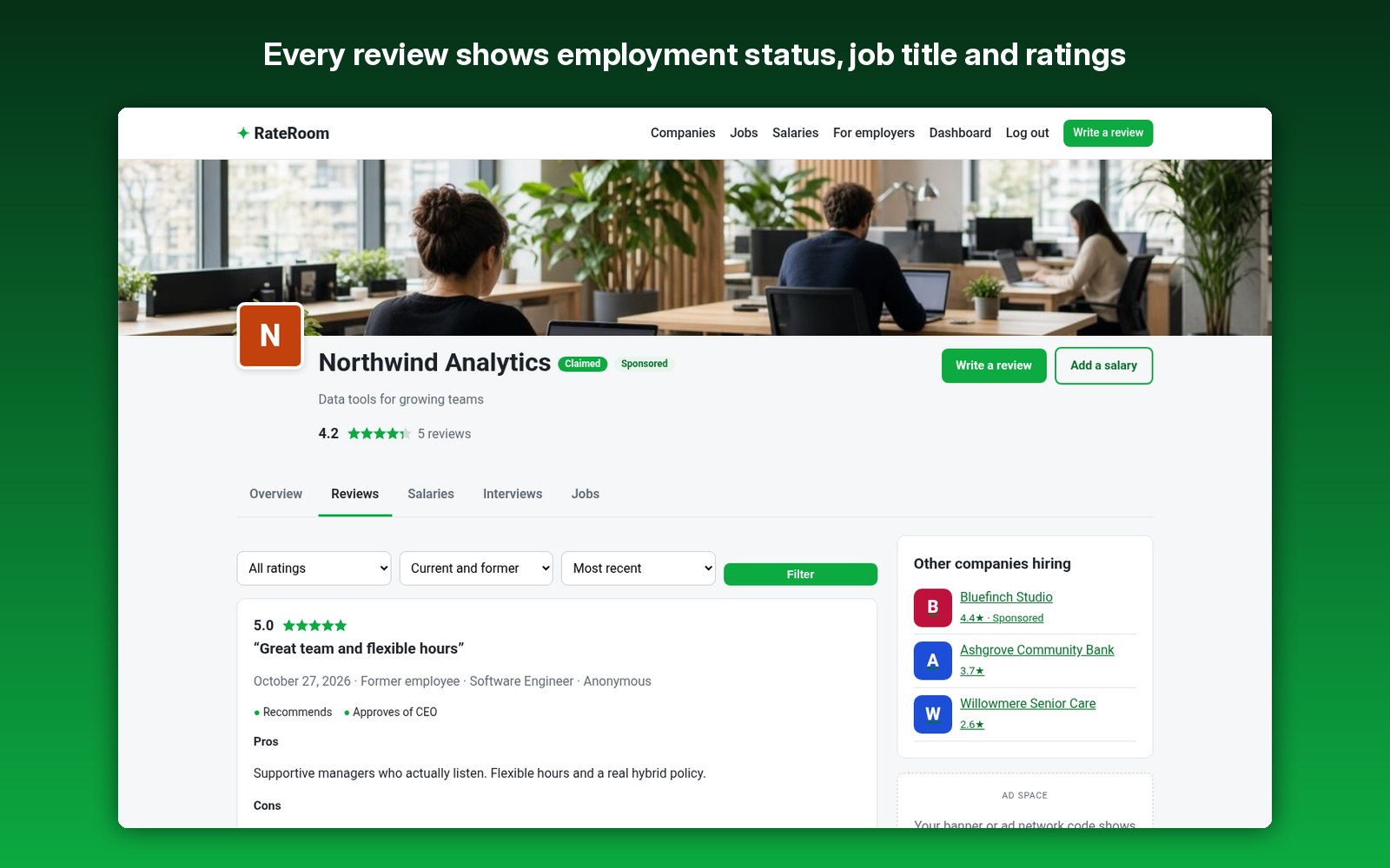 Every review shows employment status, job title and ratings
