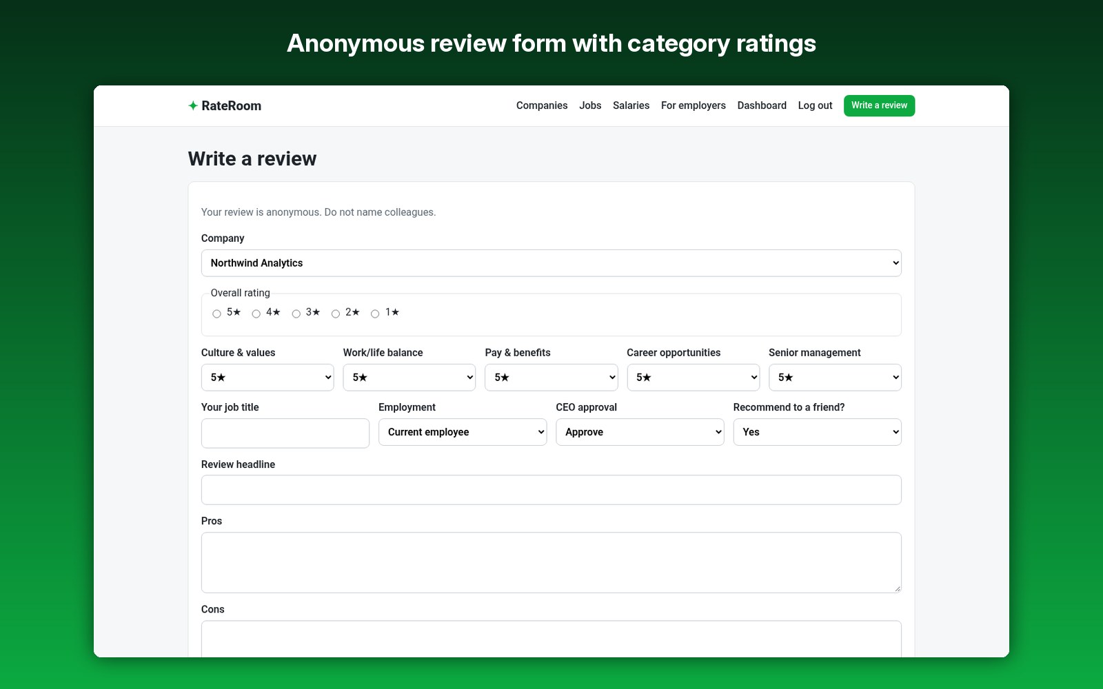 Anonymous review form with category ratings