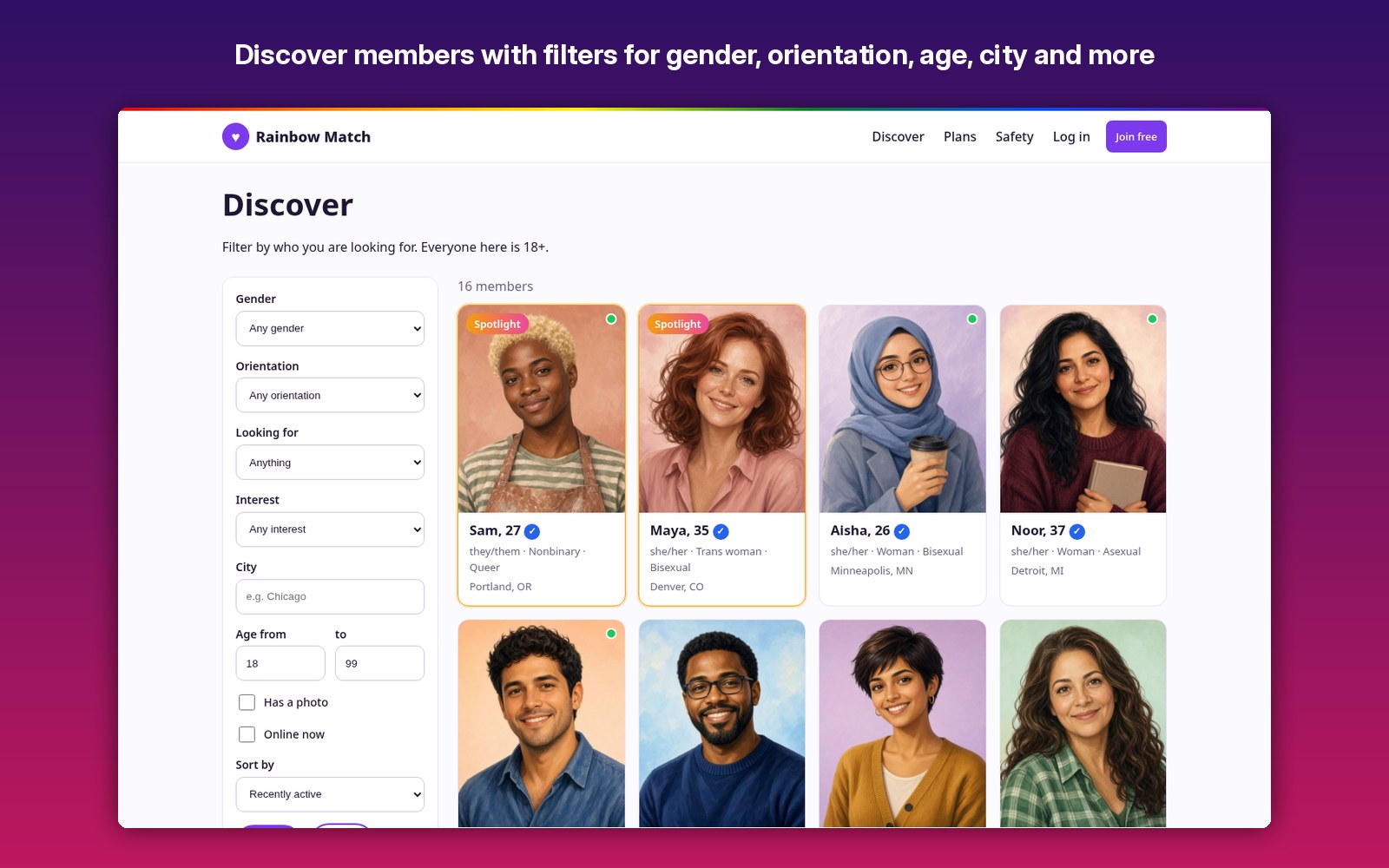 Discover members with filters for gender, orientation, age, city and more