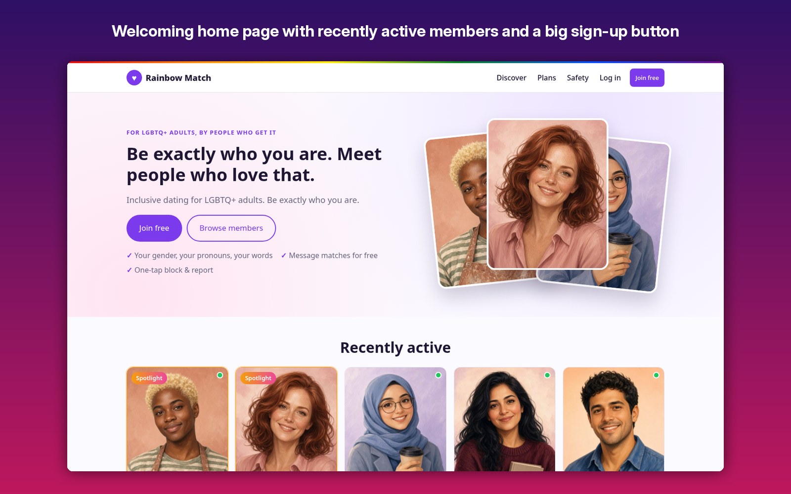 Welcoming home page with recently active members and a big sign-up button