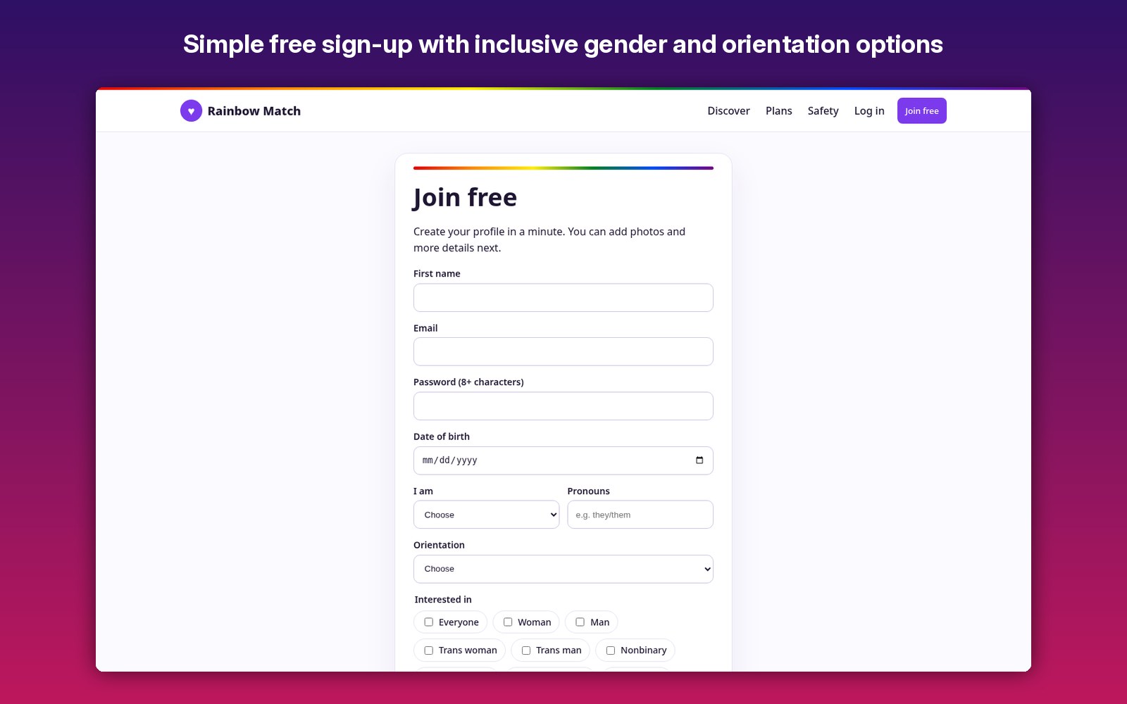 Simple free sign-up with inclusive gender and orientation options