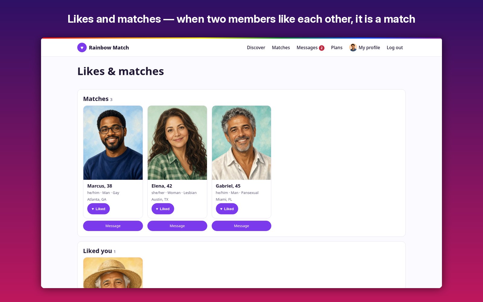 Likes and matches — when two members like each other, it is a match