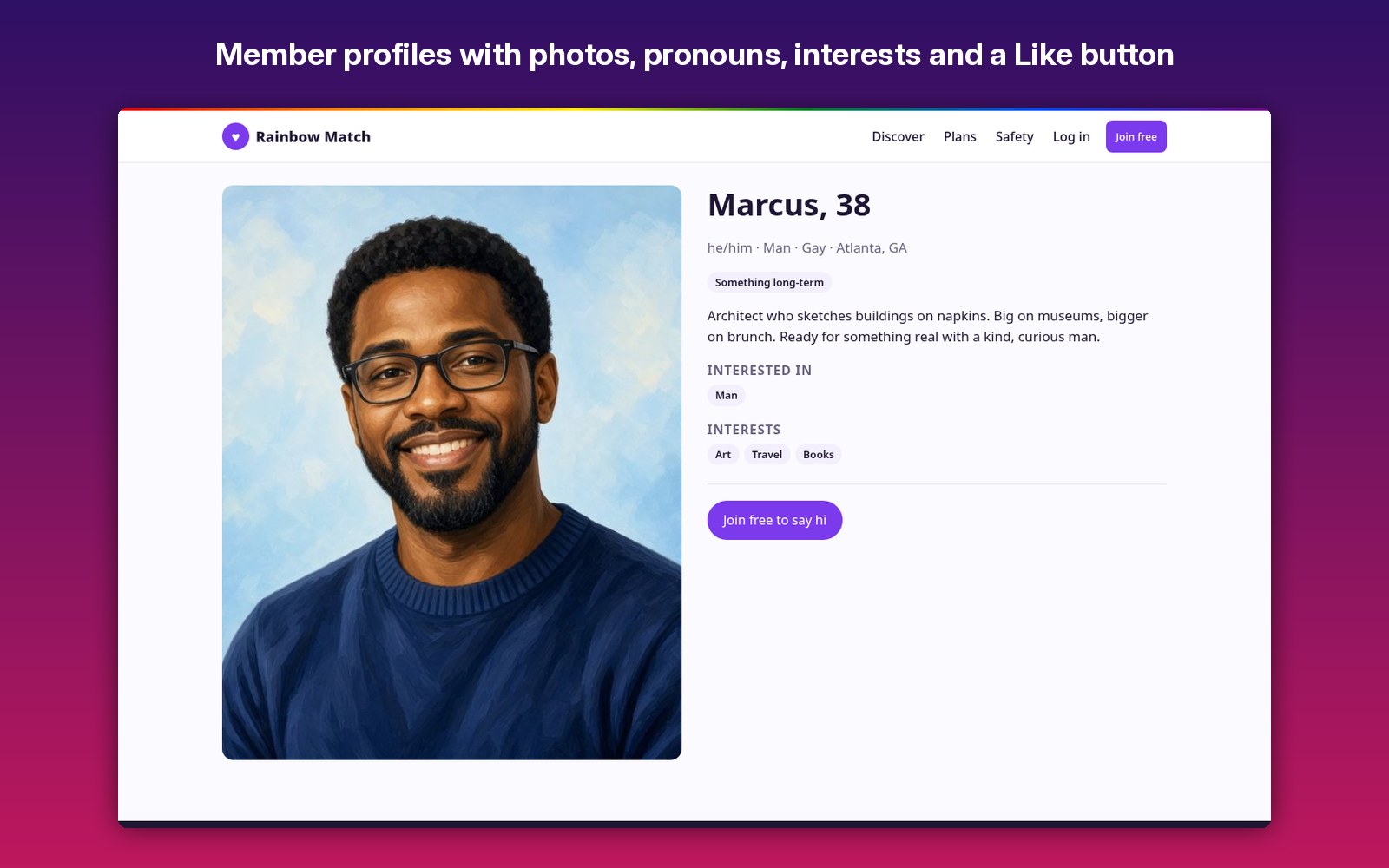 Member profiles with photos, pronouns, interests and a Like button