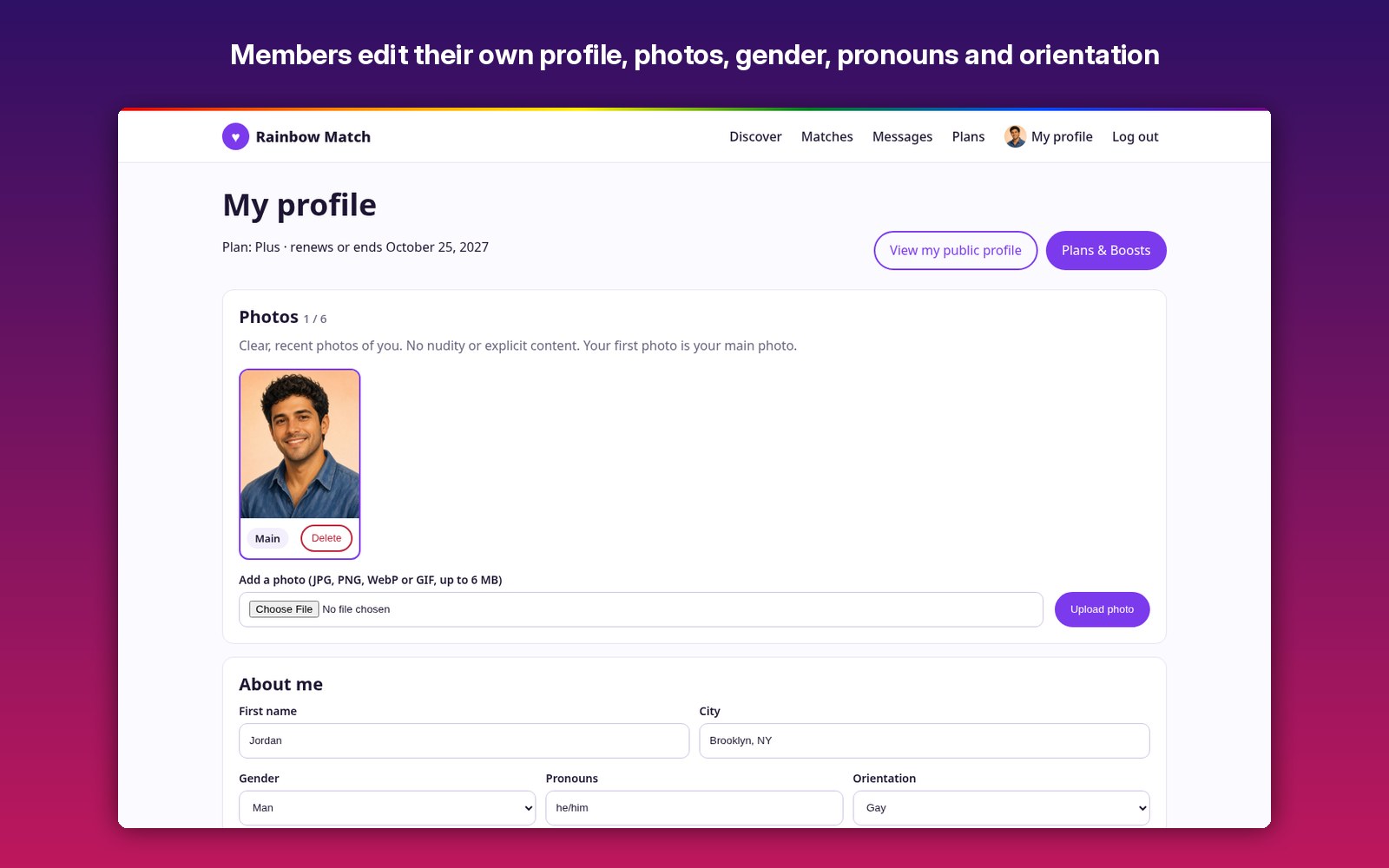 Members edit their own profile, photos, gender, pronouns and orientation