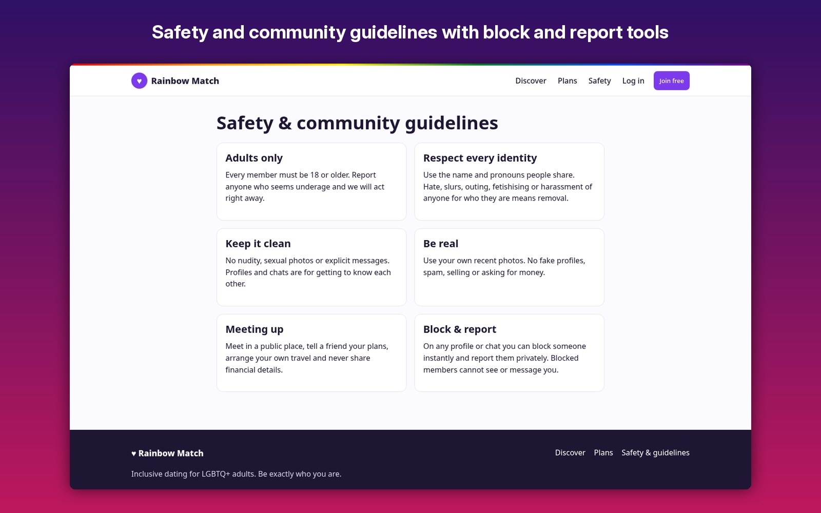Safety and community guidelines with block and report tools