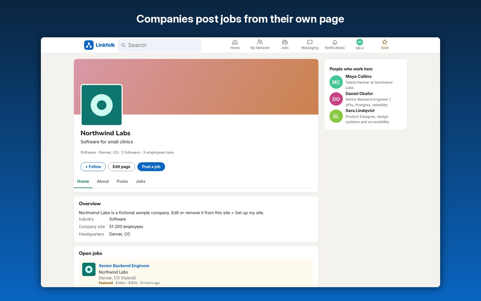Companies post jobs from their own page