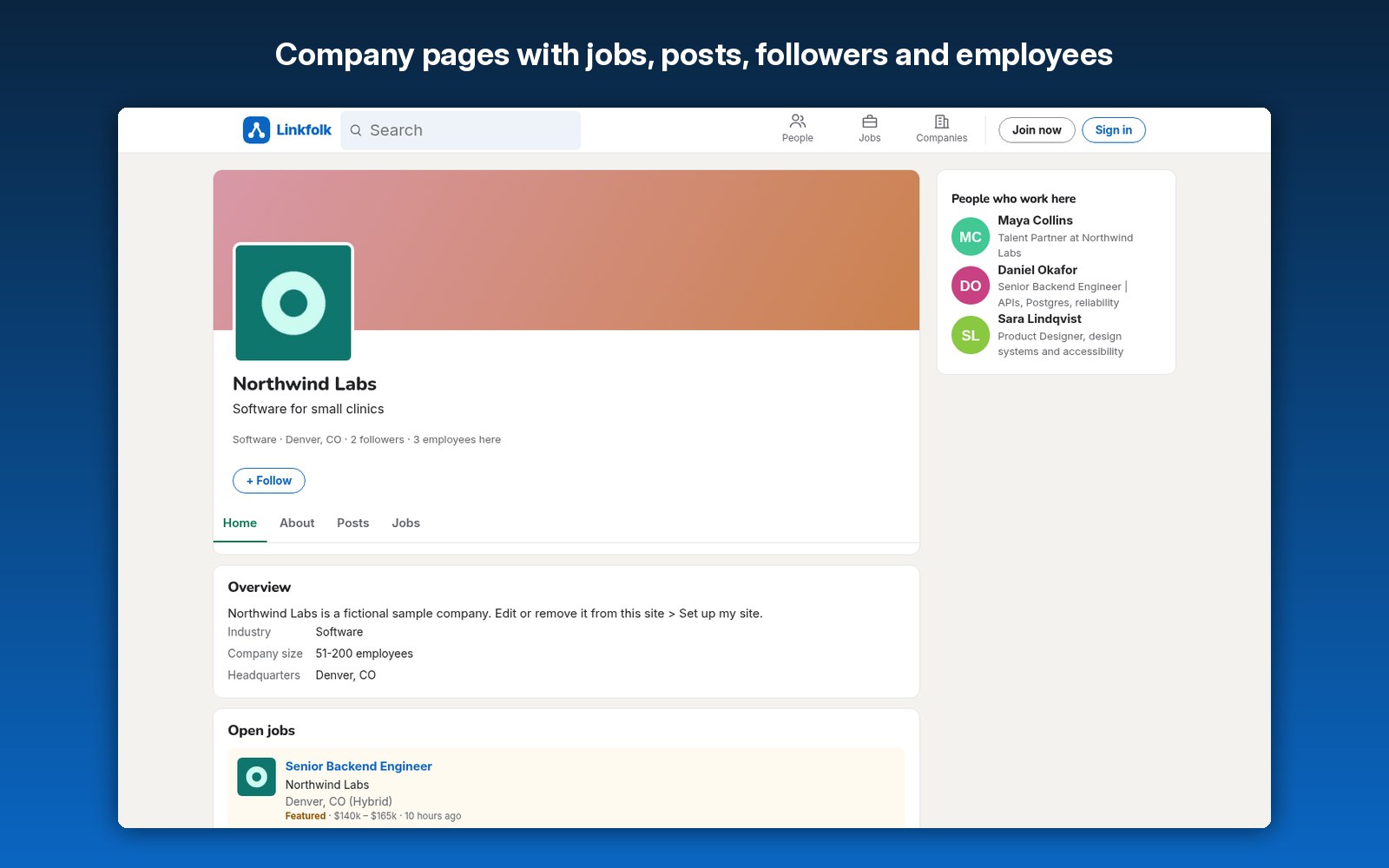 Company pages with jobs, posts, followers and employees