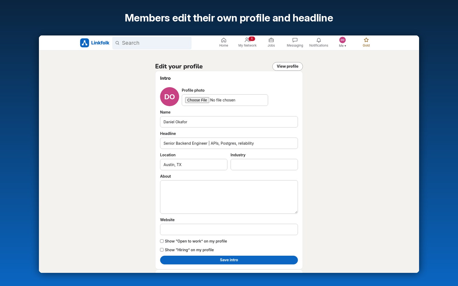 Members edit their own profile and headline