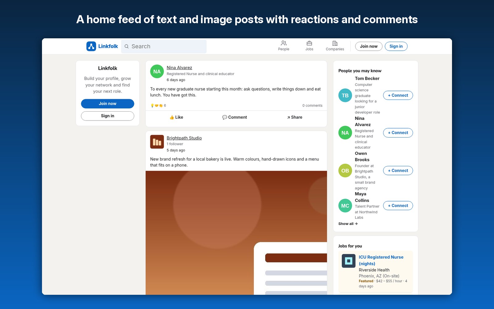 A home feed of text and image posts with reactions and comments