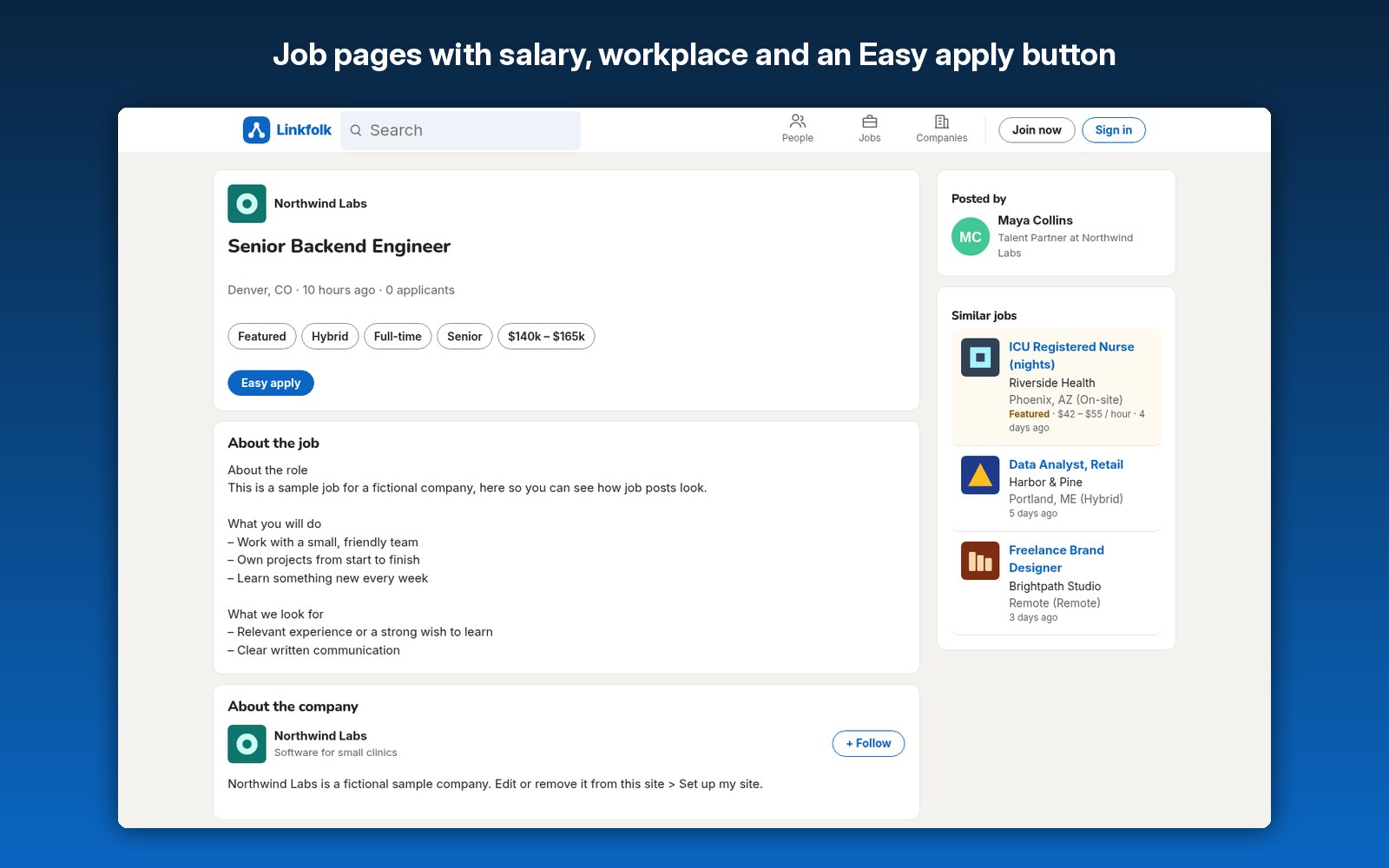 Job pages with salary, workplace and an Easy apply button