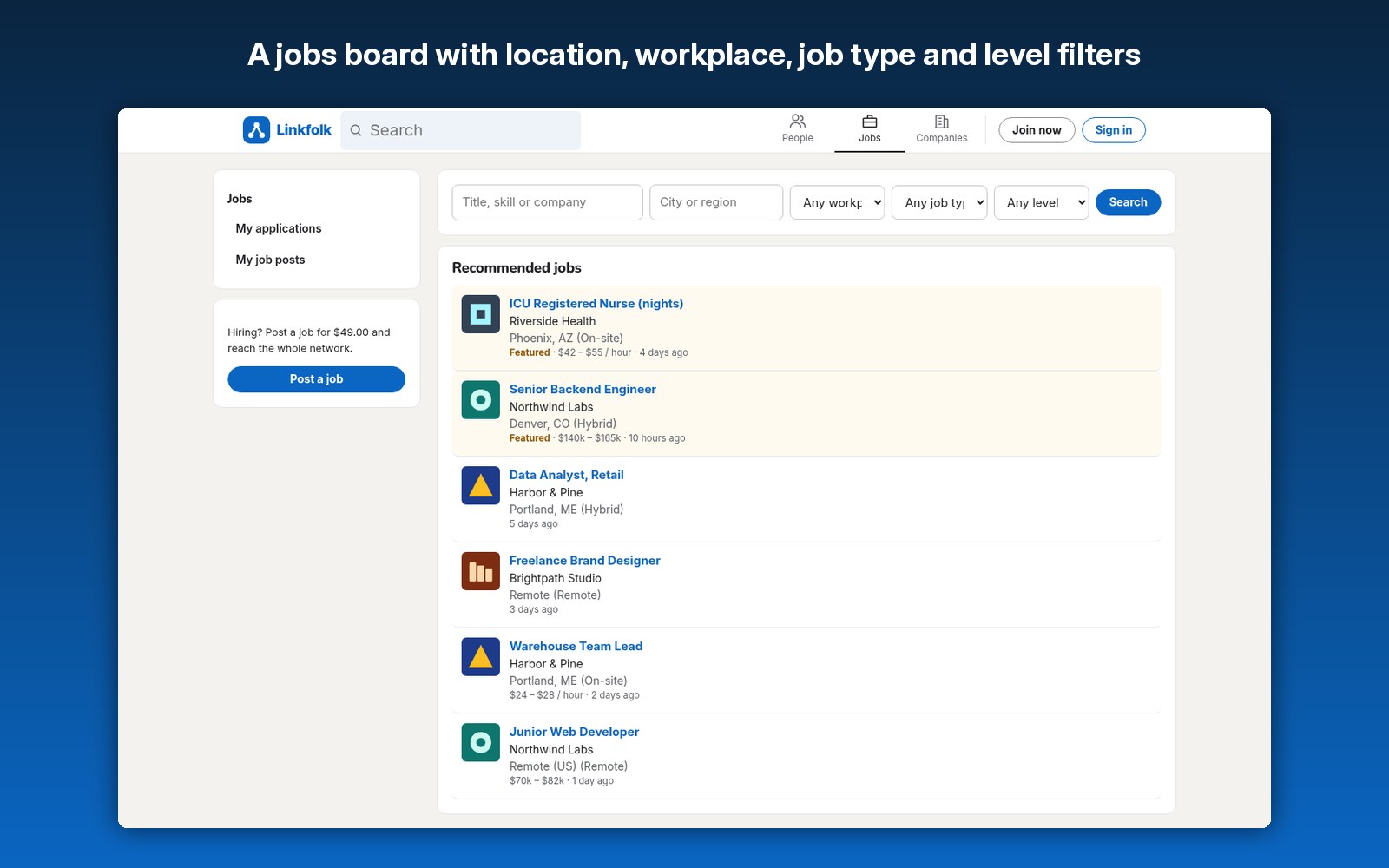 A jobs board with location, workplace, job type and level filters