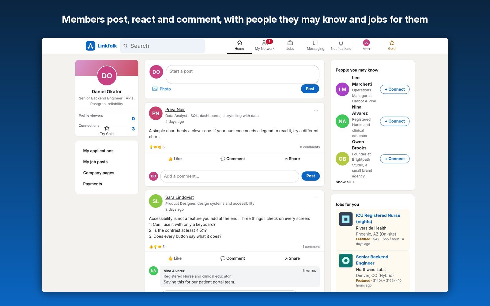 Members post, react and comment, with people they may know and jobs for them