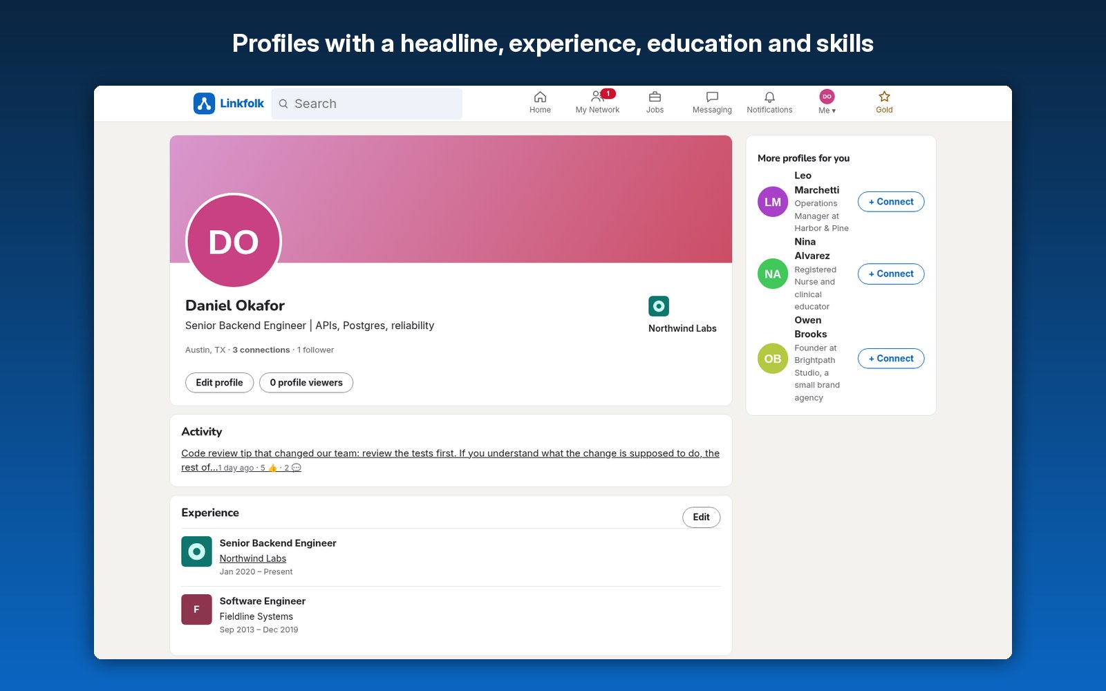 Profiles with a headline, experience, education and skills