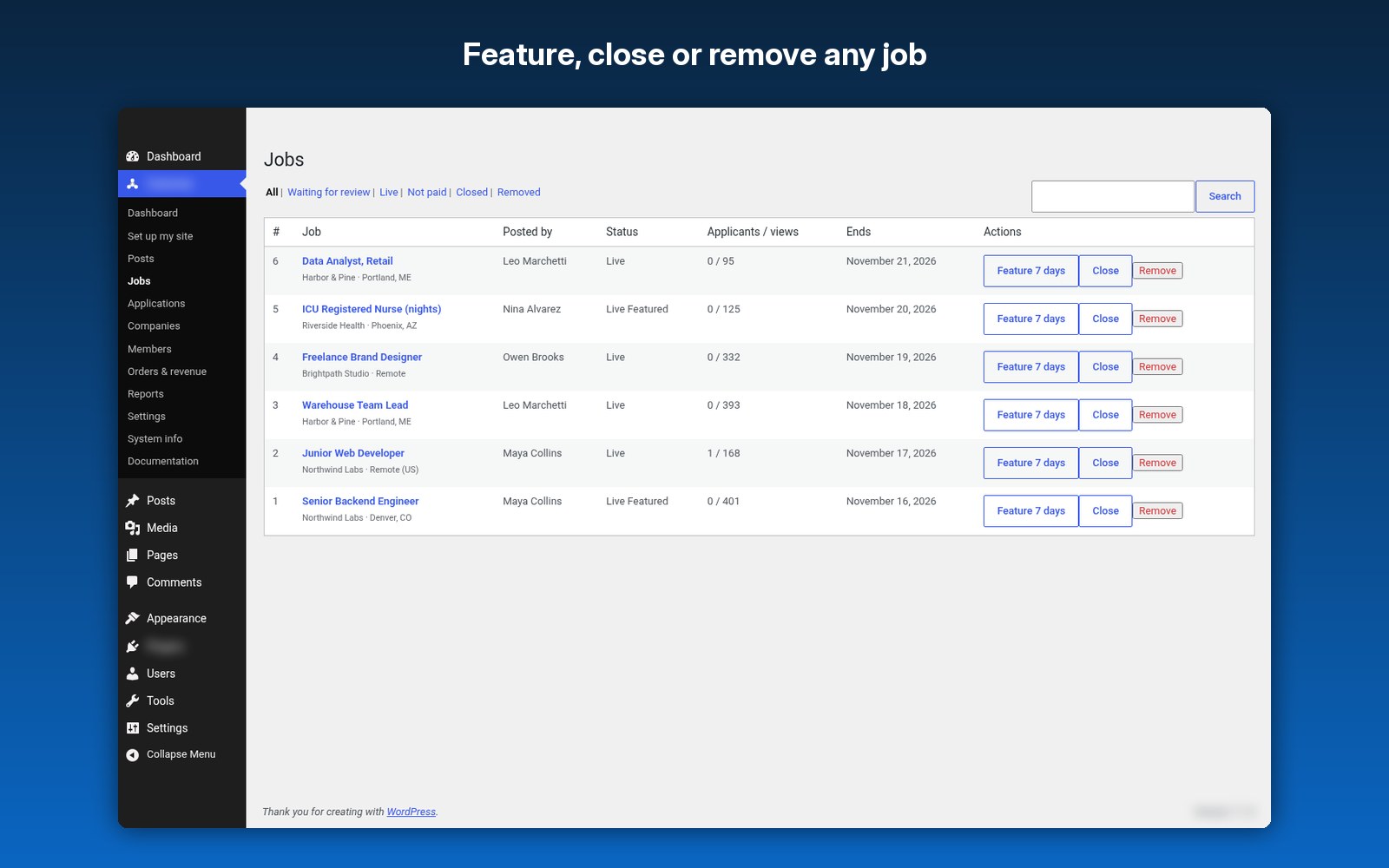 Feature, close or remove any job