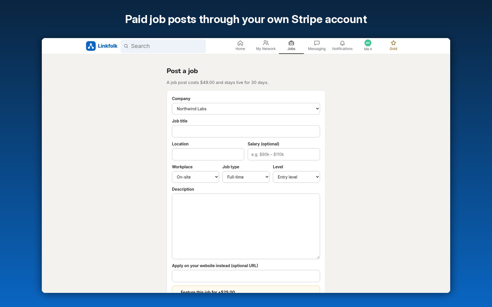 Paid job posts through your own Stripe account