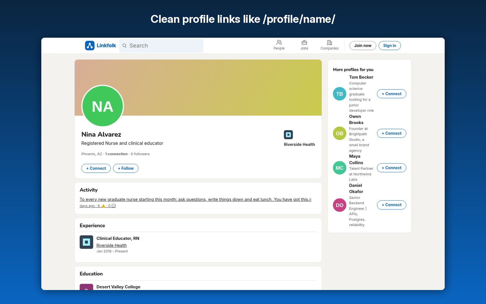 Clean profile links like /profile/name/