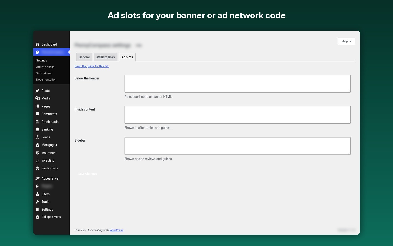 Ad slots for your banner or ad network code
