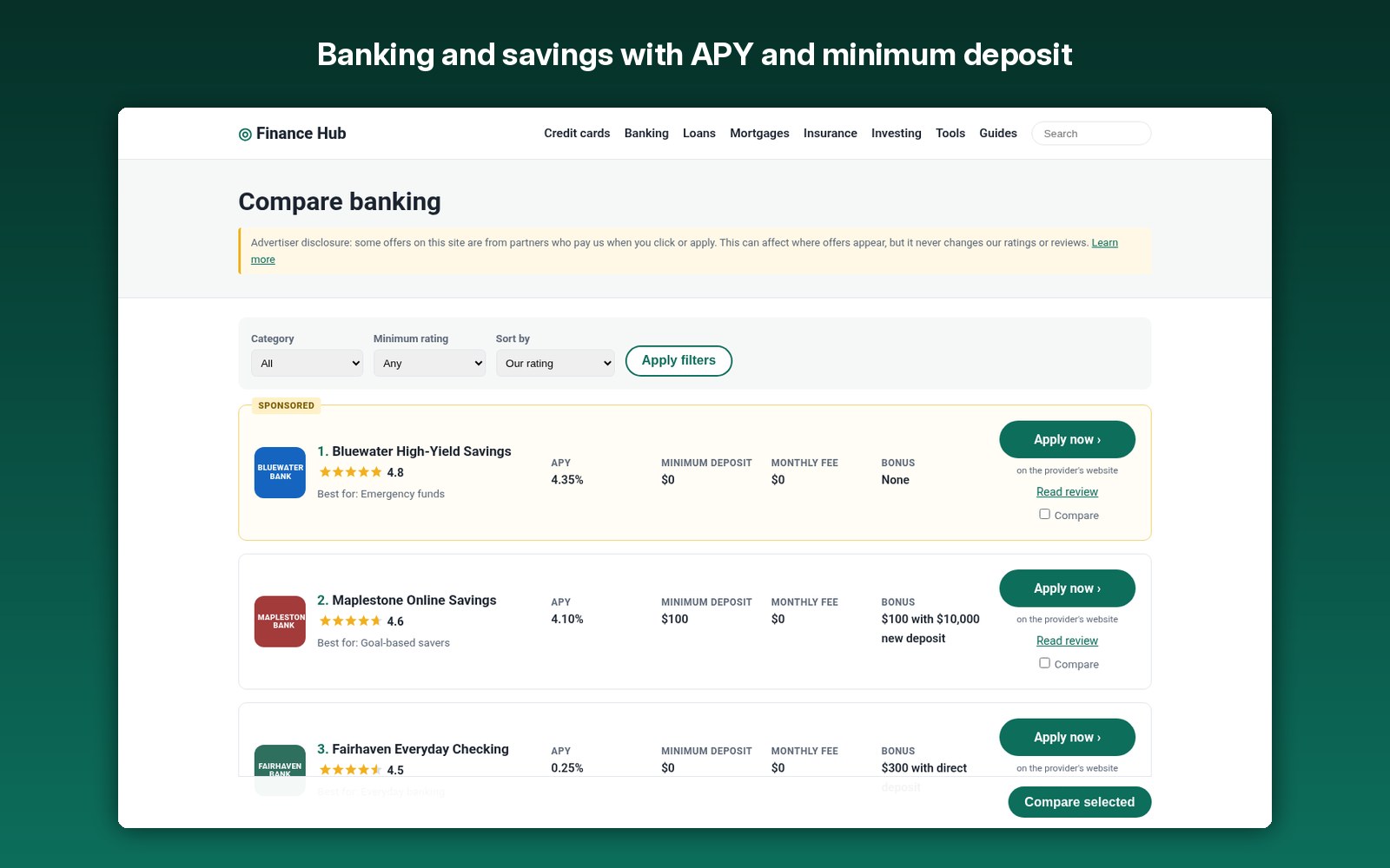 Banking and savings with APY and minimum deposit