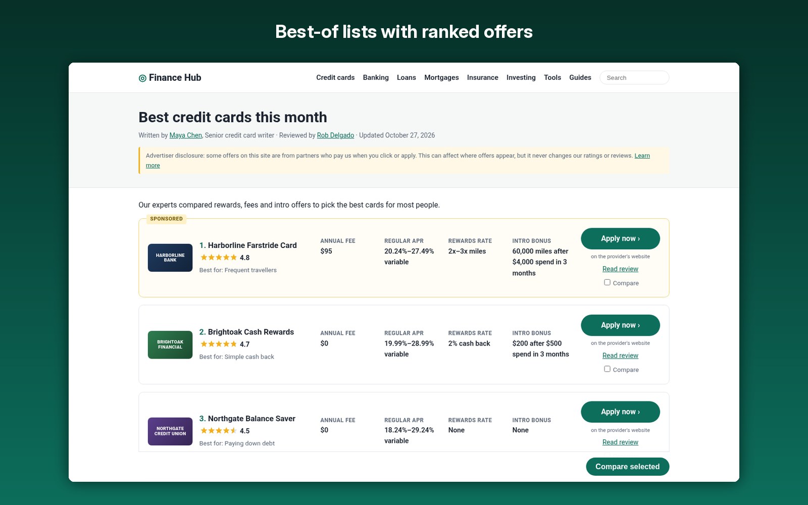 Best-of lists with ranked offers