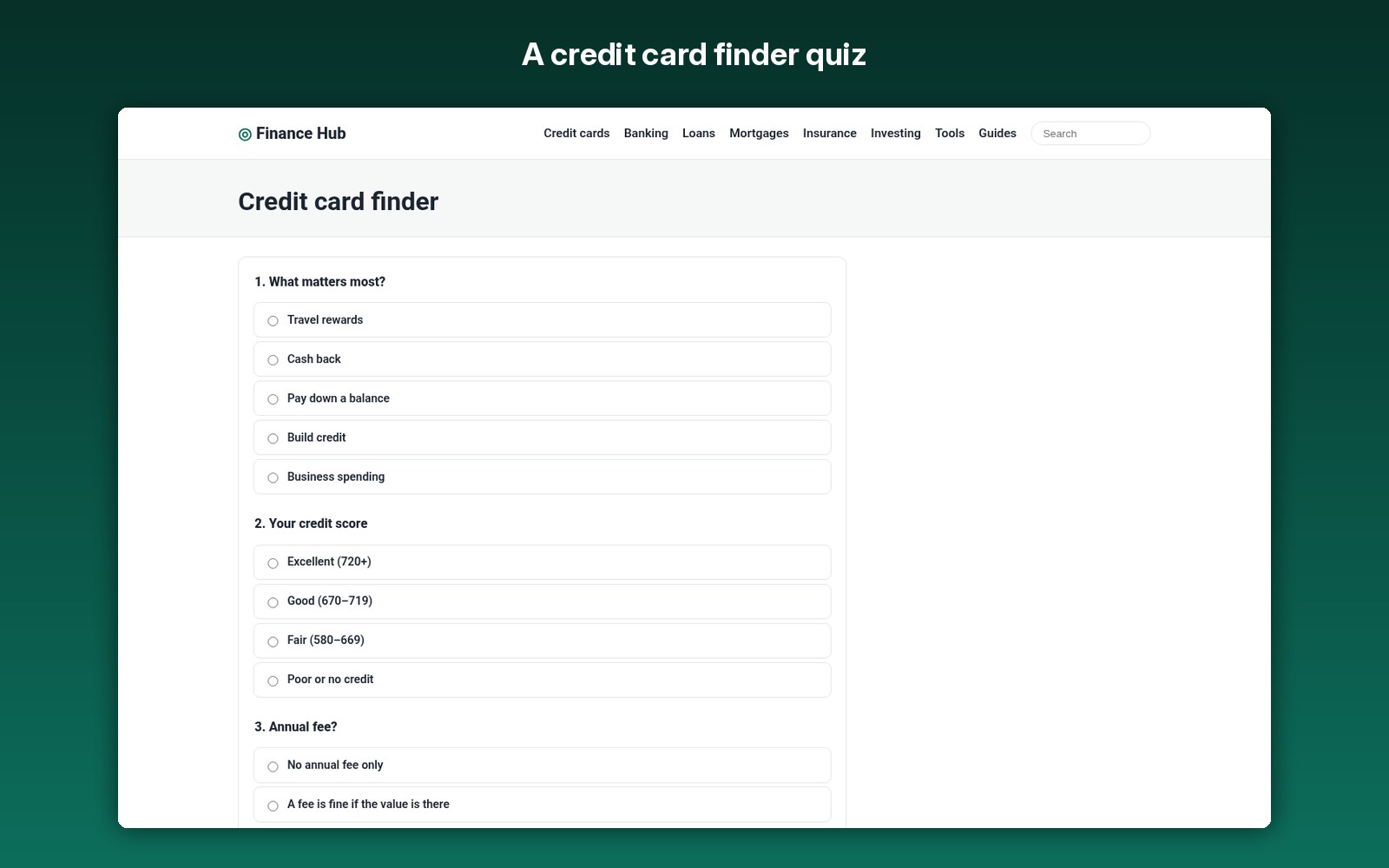 A credit card finder quiz