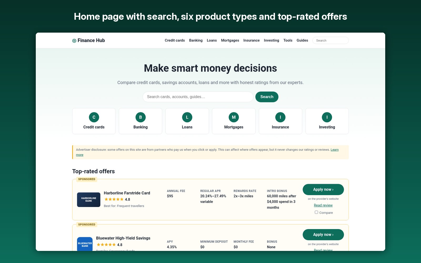 Home page with search, six product types and top-rated offers