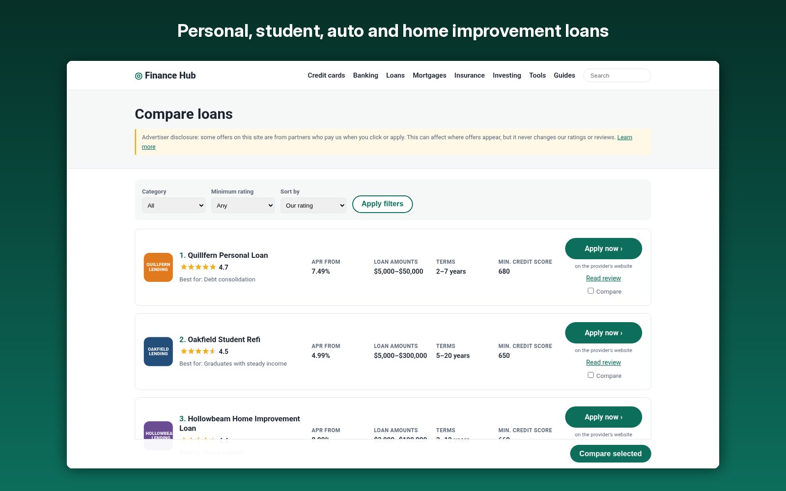 Personal, student, auto and home improvement loans