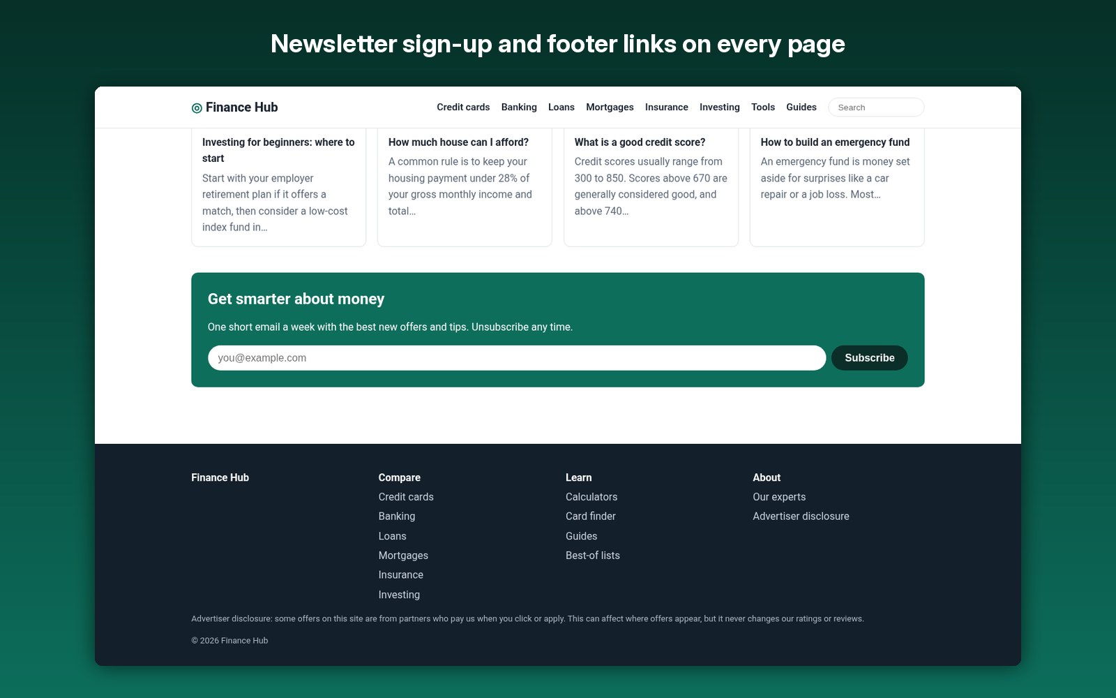 Newsletter sign-up and footer links on every page