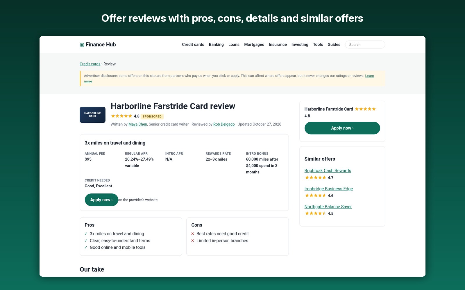 Offer reviews with pros, cons, details and similar offers