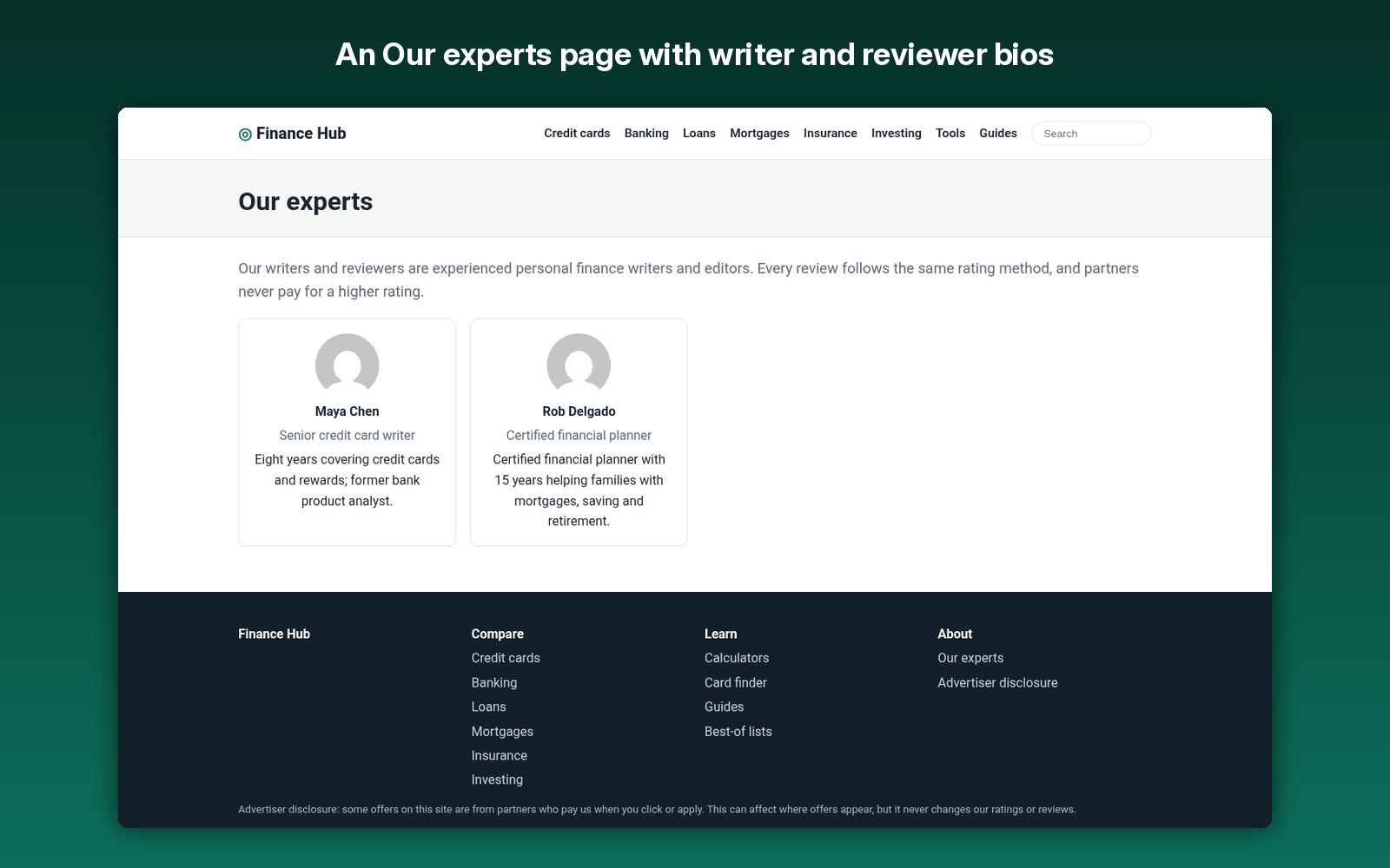 An Our experts page with writer and reviewer bios