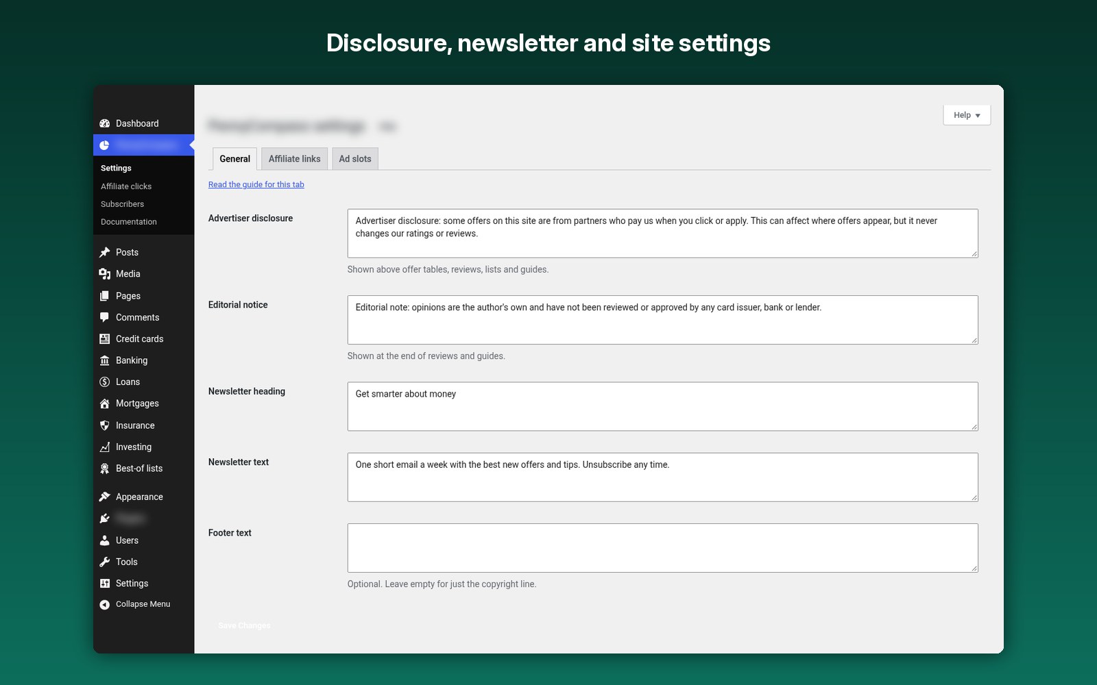 Disclosure, newsletter and site settings
