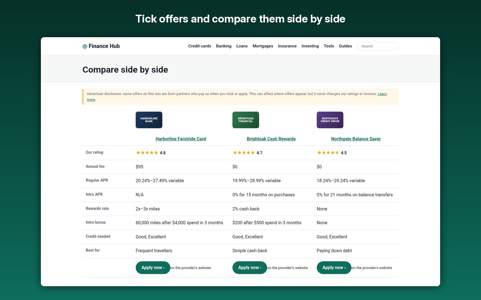 Tick offers and compare them side by side