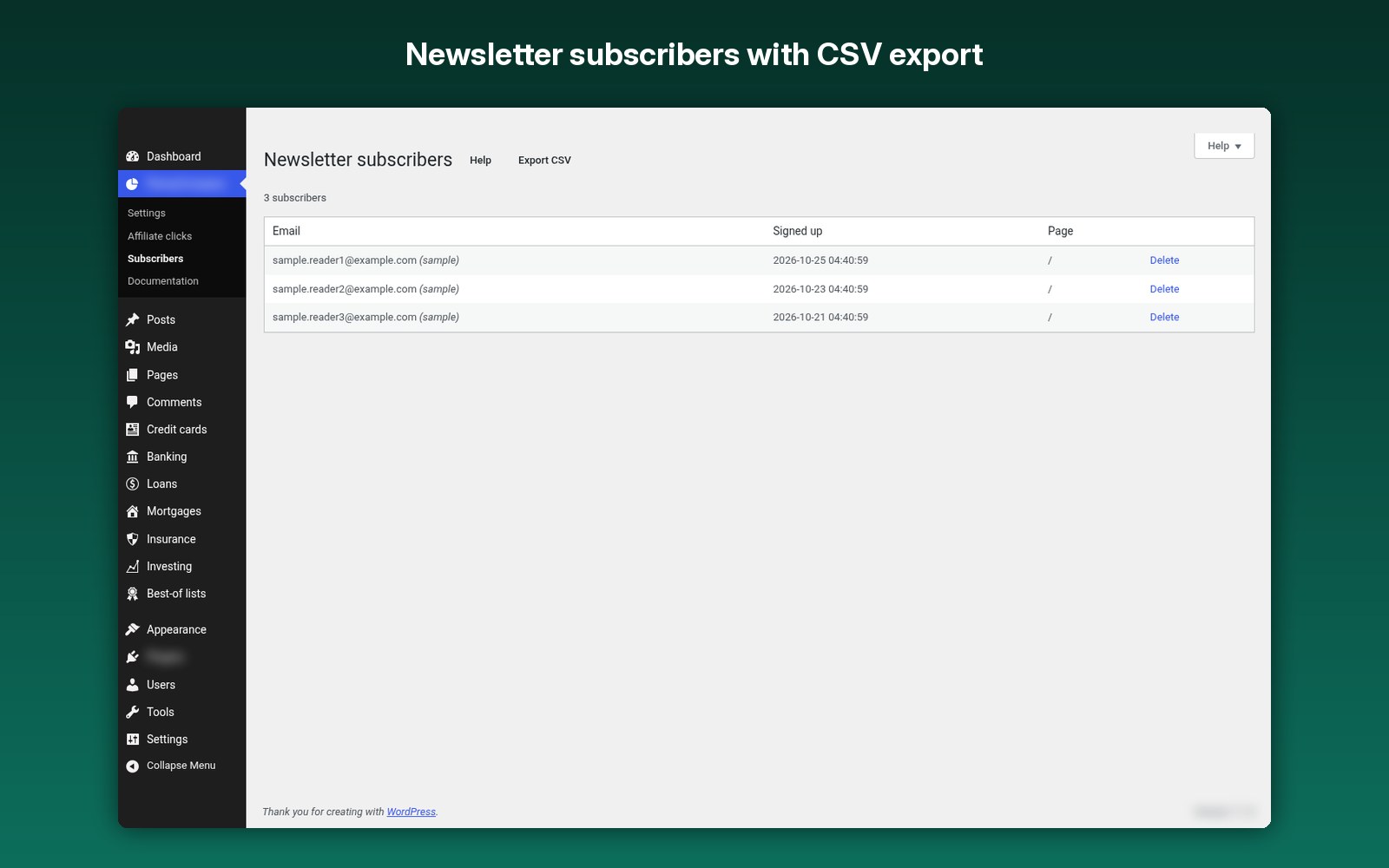 Newsletter subscribers with CSV export