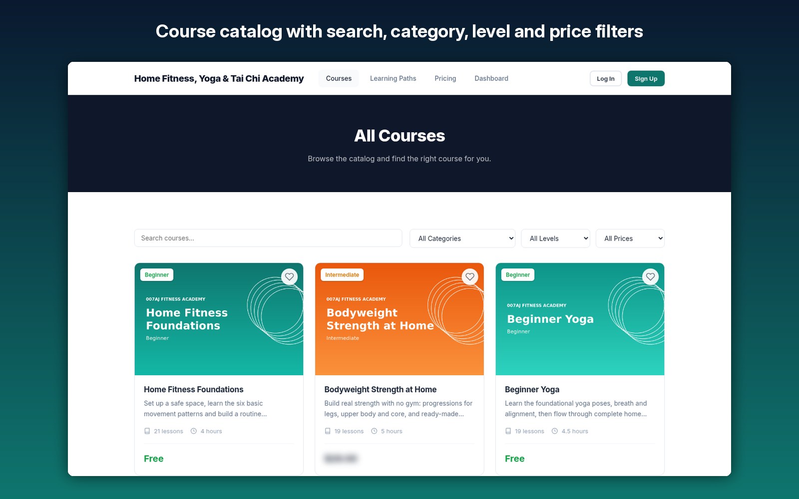 Course catalog with search, category, level and price filters