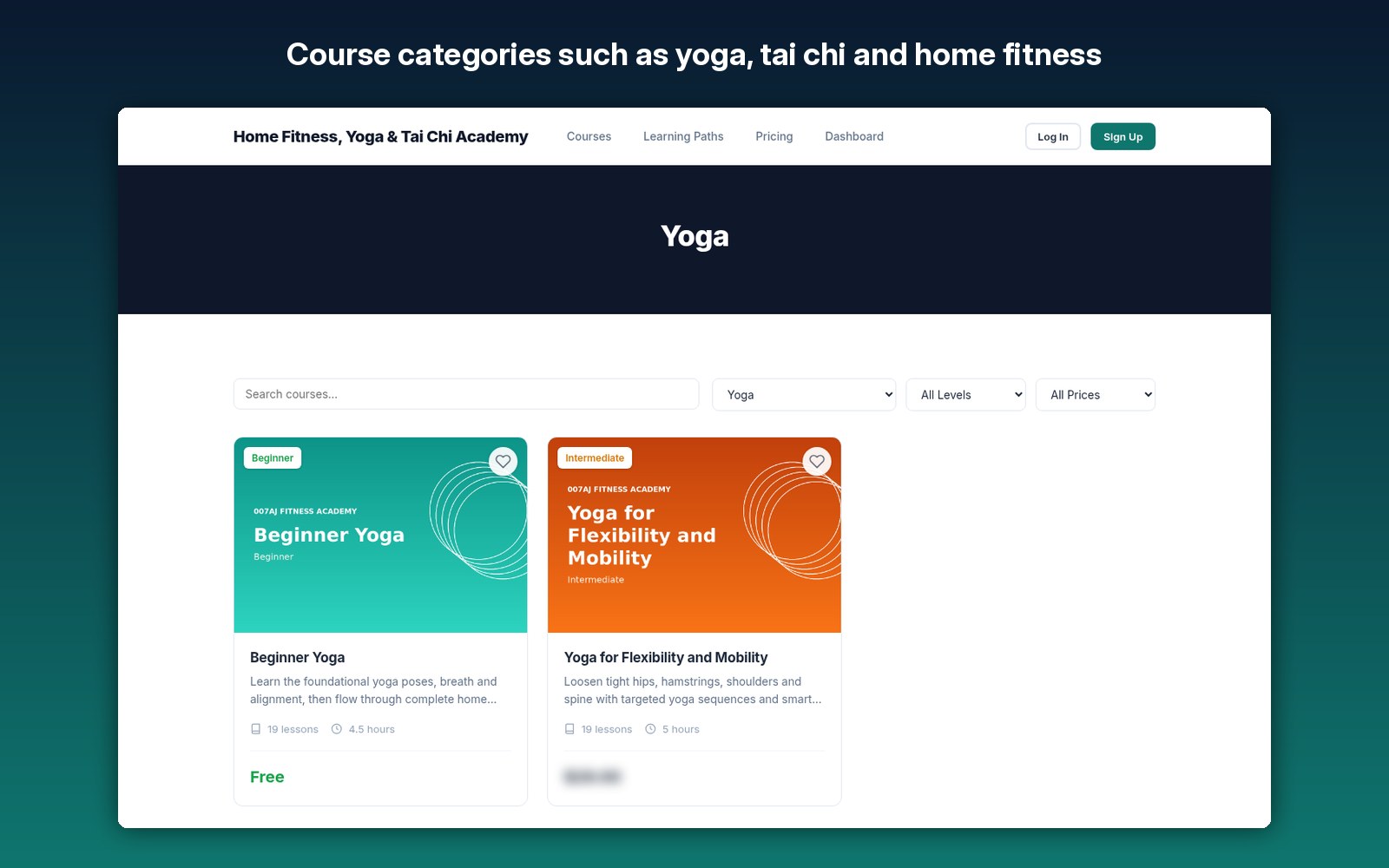 Course categories such as yoga, tai chi and home fitness