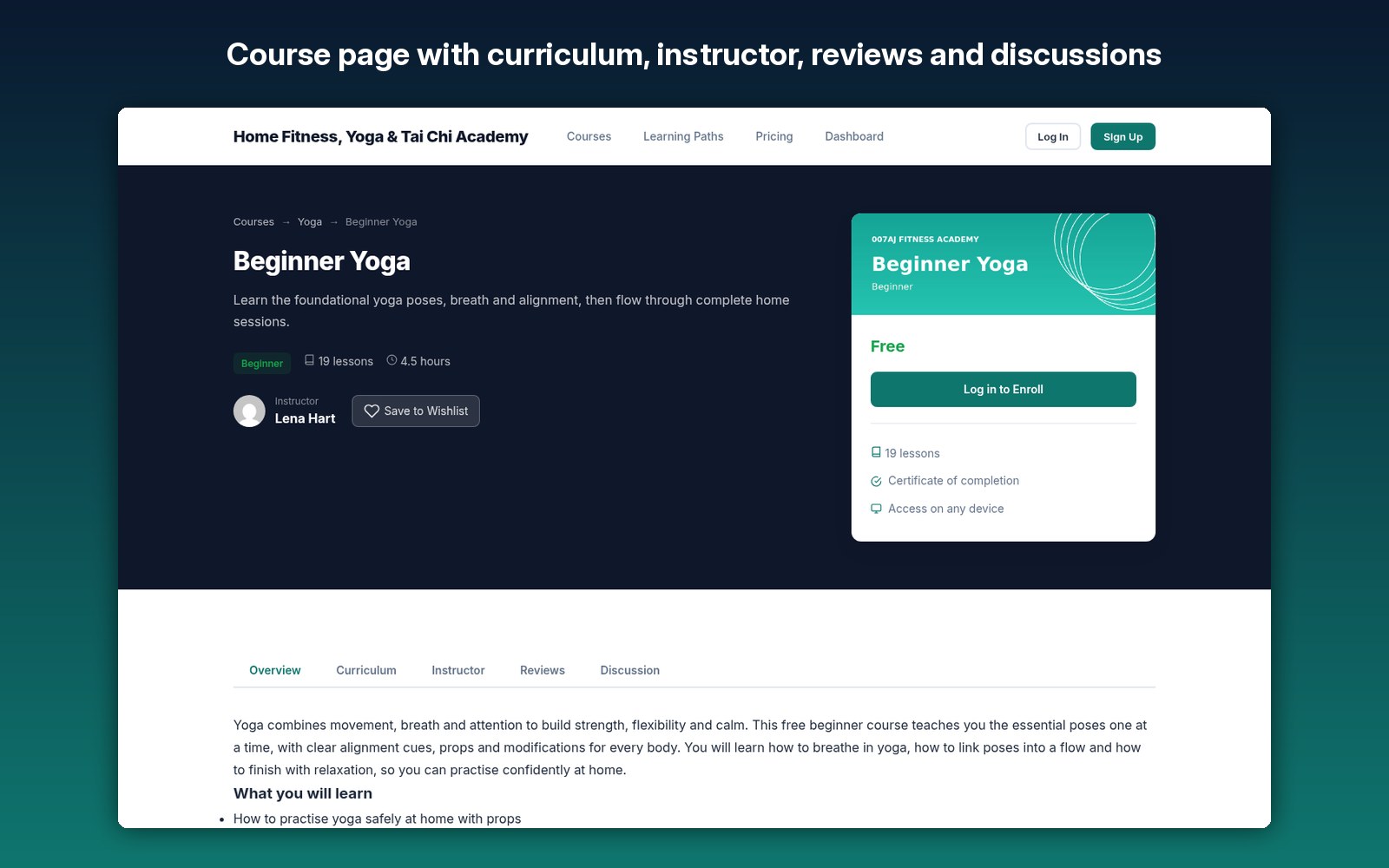 Course page with curriculum, instructor, reviews and discussions