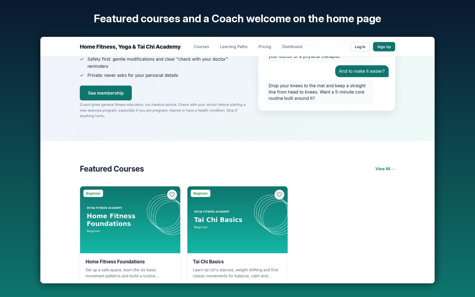 Featured courses and a Coach welcome on the home page