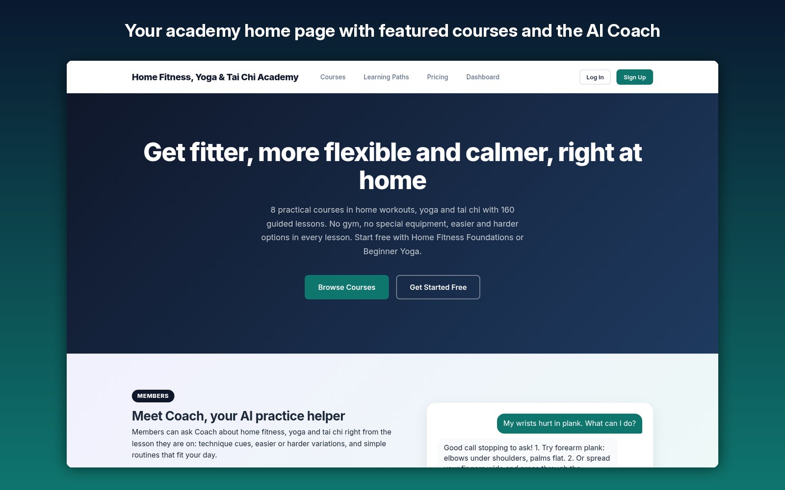 Your academy home page with featured courses and the AI Coach