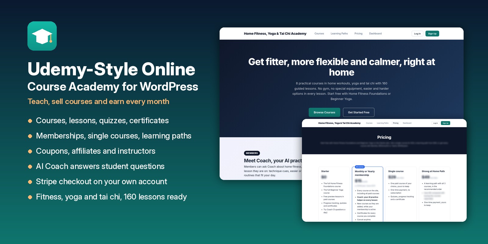 Udemy-style online course academy for WordPress